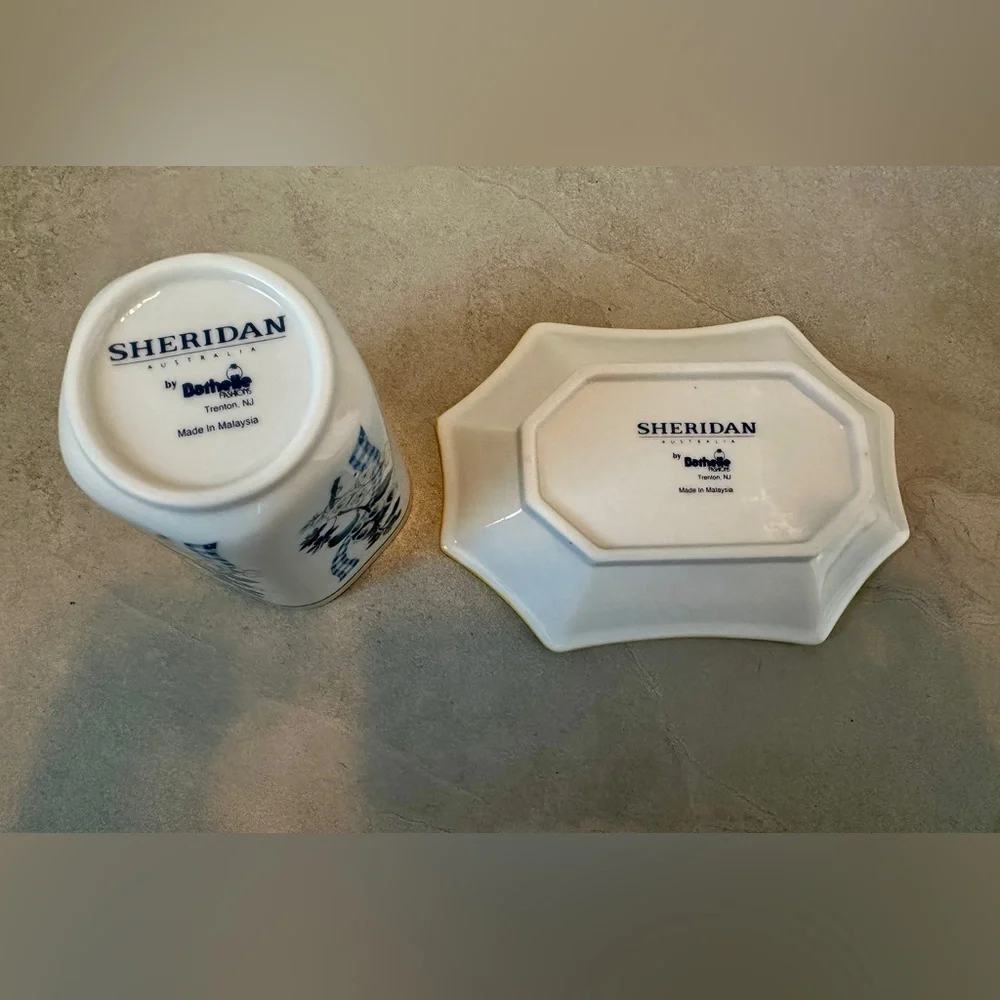 Sheridan Porcelain Ceramic Soap Dish, Cup, Blue Yellow White Flowers EUC